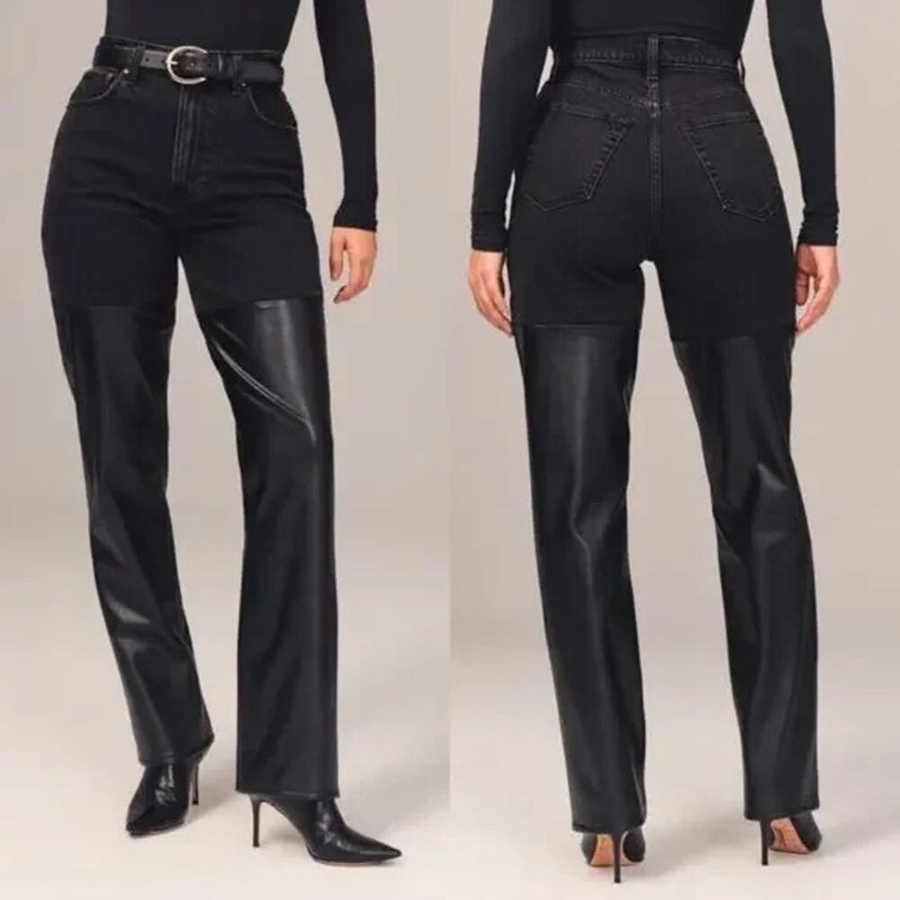 [Abercrombie & Fitch] Black Mixed Fabric 90s Straight Ultra High Rise Jeans 33L
